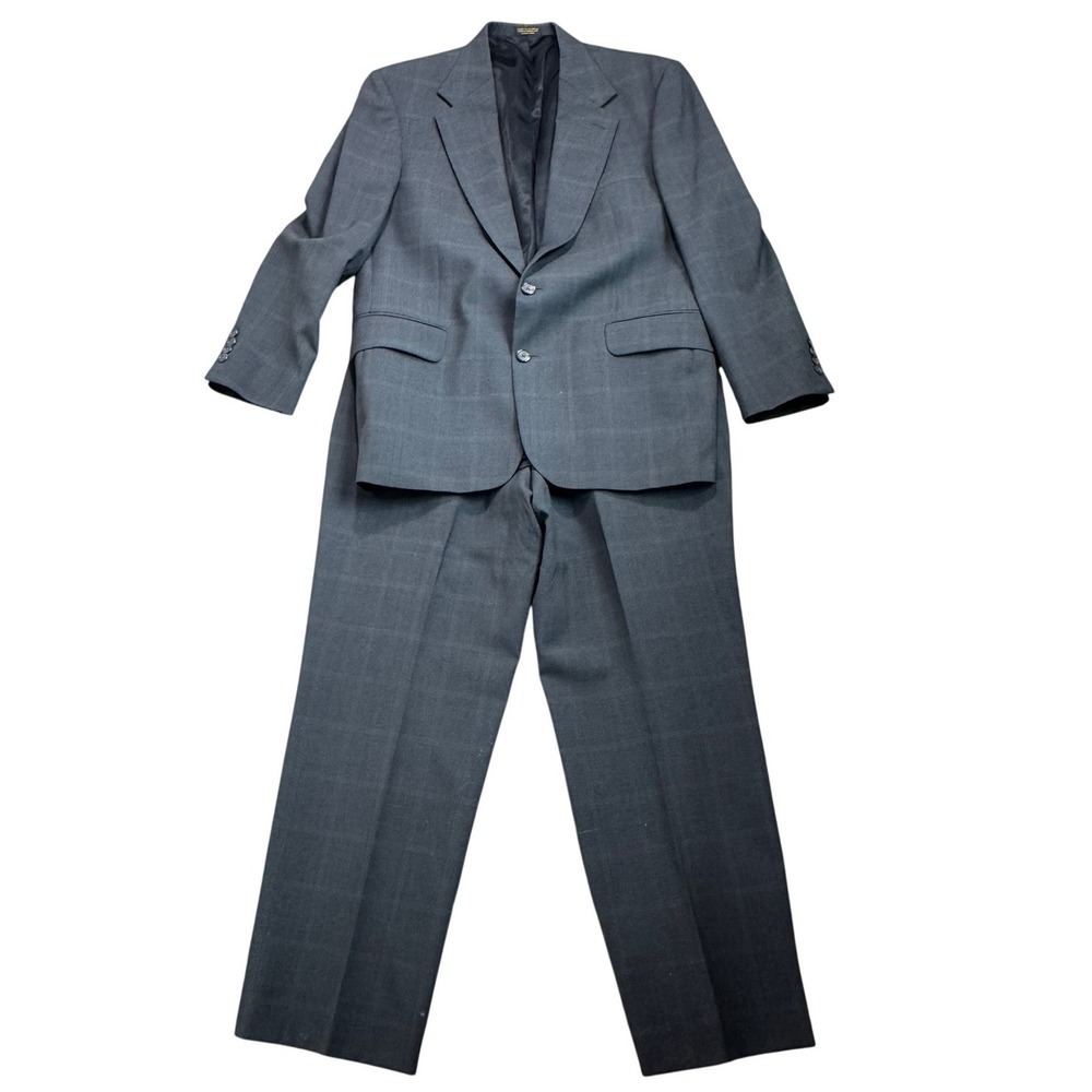 OSCAR DE LA RENTA Men's 42R W36 Gray Windowpane Check 100% Wool 2 Piece Suit Set